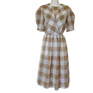 Silhouettes Puff Sleeve Midi Dress Vintage 1980s Style Neutral Beige Plaid